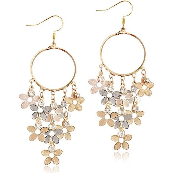 Jewelry - Women's Bohemian Long Colorful Chandelier Tassel Flower Dangle Drop Hoop Earring